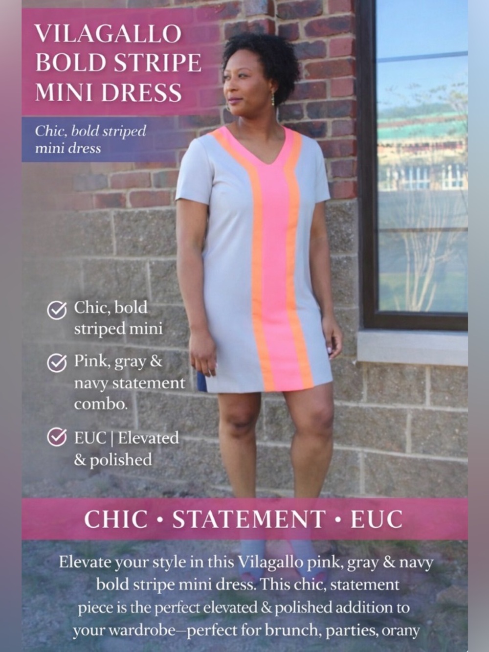 Vilagallo Bold Stripe Mini Dress Pink Gray Navy Chic Boutique Statement Style